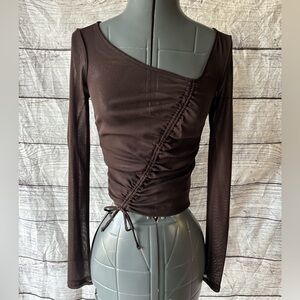 Urban Outfitters brown mesh cinched asymmetrical neckline top size small